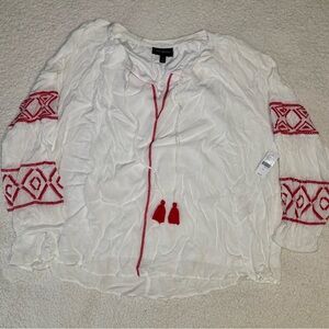 Lane Bryant White Peasant Blouse with Red Embroidery